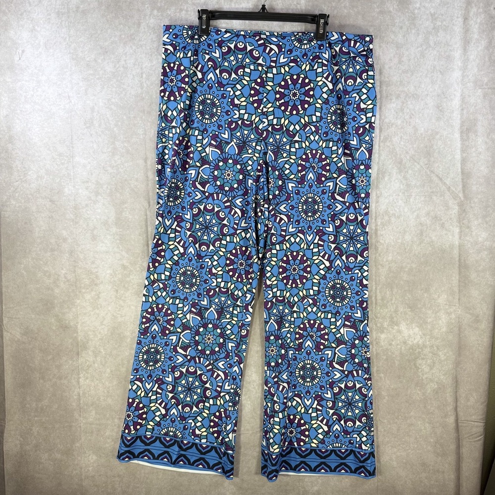 Womens 1X Boho Chic Wide Leg Palazzo Pants Blue Multi Mandala Geo‎ Flowy Lounge